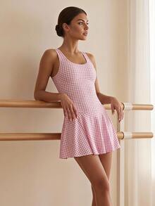 Eassivo Women's Plaid Tank Dress And Shorts Sports Set - Pink - View 5