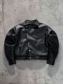 FeverCity Men's Solid Color PU Leather Casual Versatile Daily Jacket - Black - View 2