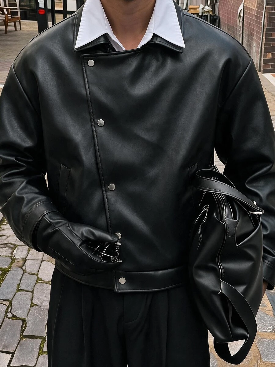 FeverCity Men's Solid Color PU Leather Casual Versatile Daily Jacket - Black - View 1