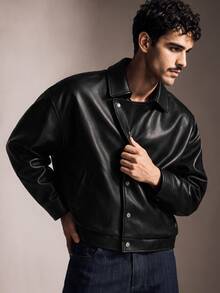 FeverCity Men's Solid Color PU Leather Casual Versatile Daily Jacket - Black - View 8