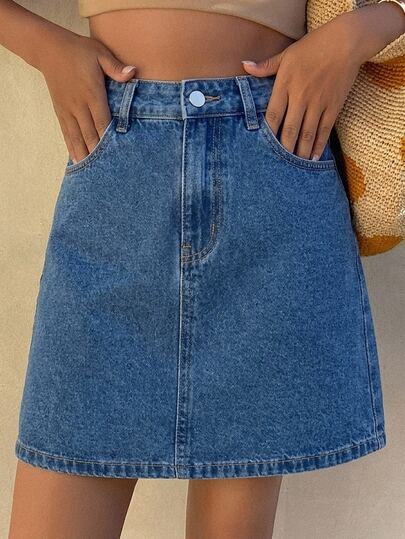 Livesso Damen Lässig einfarbig gewaschener weißer Denim Rock mit Taschen und geradem Bein, Frühling/Sommer Schule
