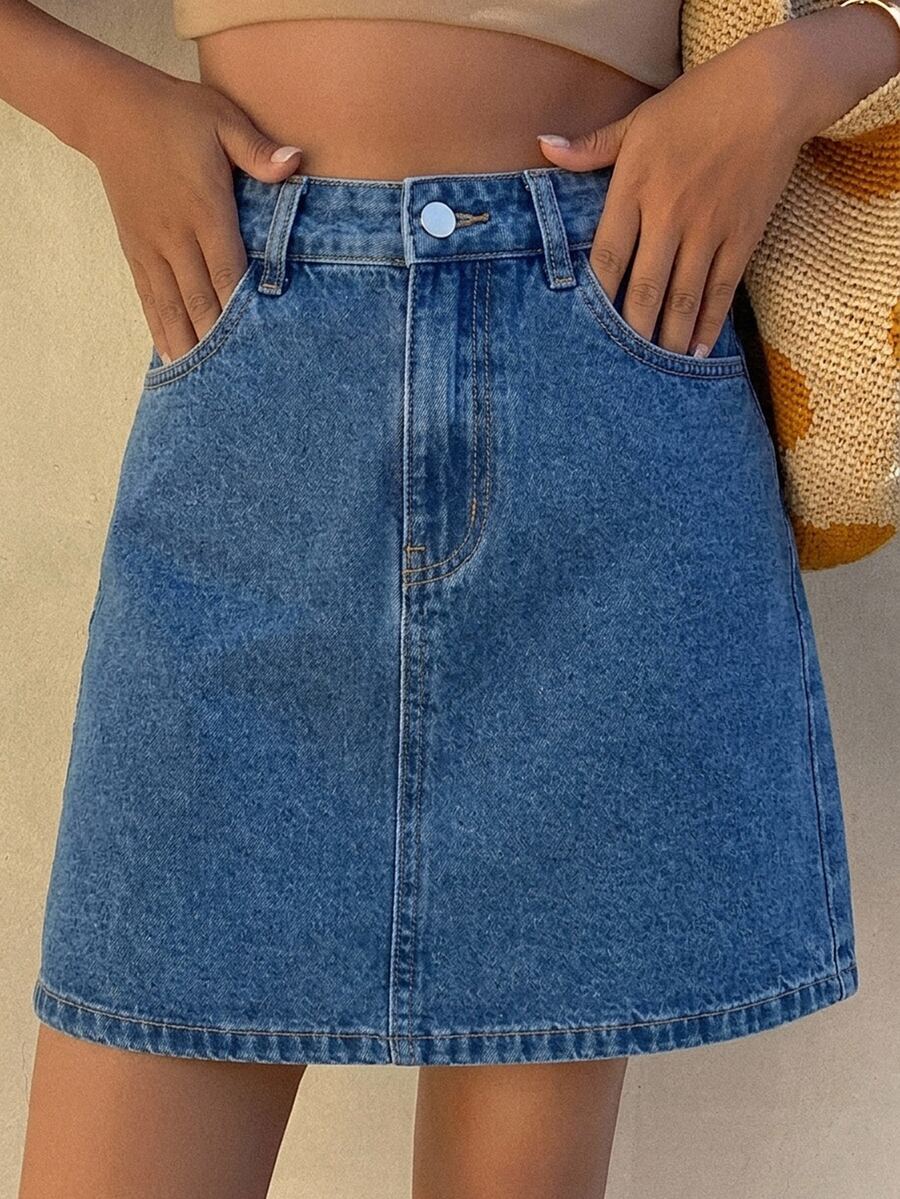 Livesso Women's Casual Solid Color Washed Pocket White Straight Leg Denim Skirt, Spring/Summer School - Medium Wash - View 1