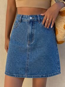 Livesso Women's Casual Solid Color Washed Pocket White Straight Leg Denim Skirt, Spring/Summer School - Medium Wash - View 4