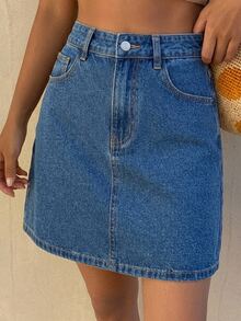 Livesso Women's Casual Solid Color Washed Pocket White Straight Leg Denim Skirt, Spring/Summer School - Medium Wash - View 2