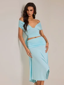 SHEIN Tall Spring/Summer Women's Casual Commute Light Blue Knit Ruched Underbust T-Shirt Top With Loose Long Pants 2 Pieces Set, Suitable For Casual Commute, Daily Wear, Office Commute, Casual Outing, Yellow Set, Yellow Knit Set, Daily Outing, Home Wear, Commute Wear Yellow 2 Pieces Set - Baby Blue - View 11