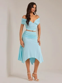 SHEIN Tall Spring/Summer Women's Casual Commute Light Blue Knit Ruched Underbust T-Shirt Top With Loose Long Pants 2 Pieces Set, Suitable For Casual Commute, Daily Wear, Office Commute, Casual Outing, Yellow Set, Yellow Knit Set, Daily Outing, Home Wear, Commute Wear Yellow 2 Pieces Set - Baby Blue - View 5