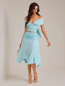 SHEIN Tall Spring/Summer Women's Casual Commute Light Blue Knit Ruched Underbust T-Shirt Top With Loose Long Pants 2 Pieces Set, Suitable For Casual Commute, Daily Wear, Office Commute, Casual Outing, Yellow Set, Yellow Knit Set, Daily Outing, Home Wear, Commute Wear Yellow 2 Pieces Set - Baby Blue - View 6