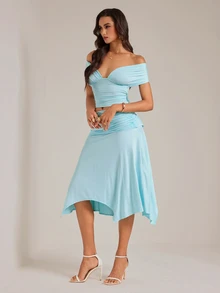 SHEIN Tall Spring/Summer Women's Casual Commute Light Blue Knit Ruched Underbust T-Shirt Top With Loose Long Pants 2 Pieces Set, Suitable For Casual Commute, Daily Wear, Office Commute, Casual Outing, Yellow Set, Yellow Knit Set, Daily Outing, Home Wear, Commute Wear Yellow 2 Pieces Set - Baby Blue - View 7