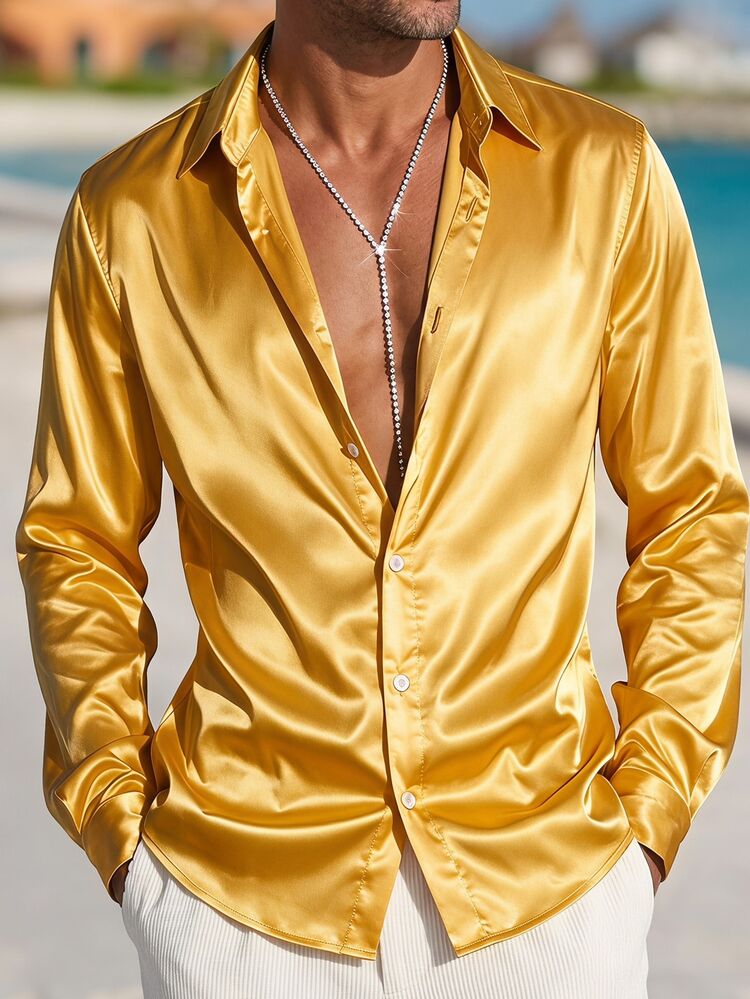 HIMLAND Men Solid Gold Satin Silk Shirt Long Sleeve Turn Down Collar Relaxed Fit Button Front Party Club Casual Fall Blouse Top Halloween Winter Party Autumn - Yellow - View 7