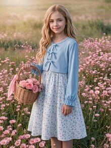 SHEIN Tween Girls Long Sleeve Fleece Fall Dresses Matching 2pcs/Set Tween Girl Spring/Autumn Casual Ribbed Knit Bow Decor Cardigan Top And Printed Camiso... - Baby Blue - View 6