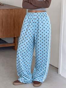 SHEIN 女童（大童）春夏秋冬休閒百搭日常運動街頭風黑白拼色寬鬆梭織長褲，可搭配運動鞋與任何T恤，適合日常穿著 - 藍色 - 查看 1
