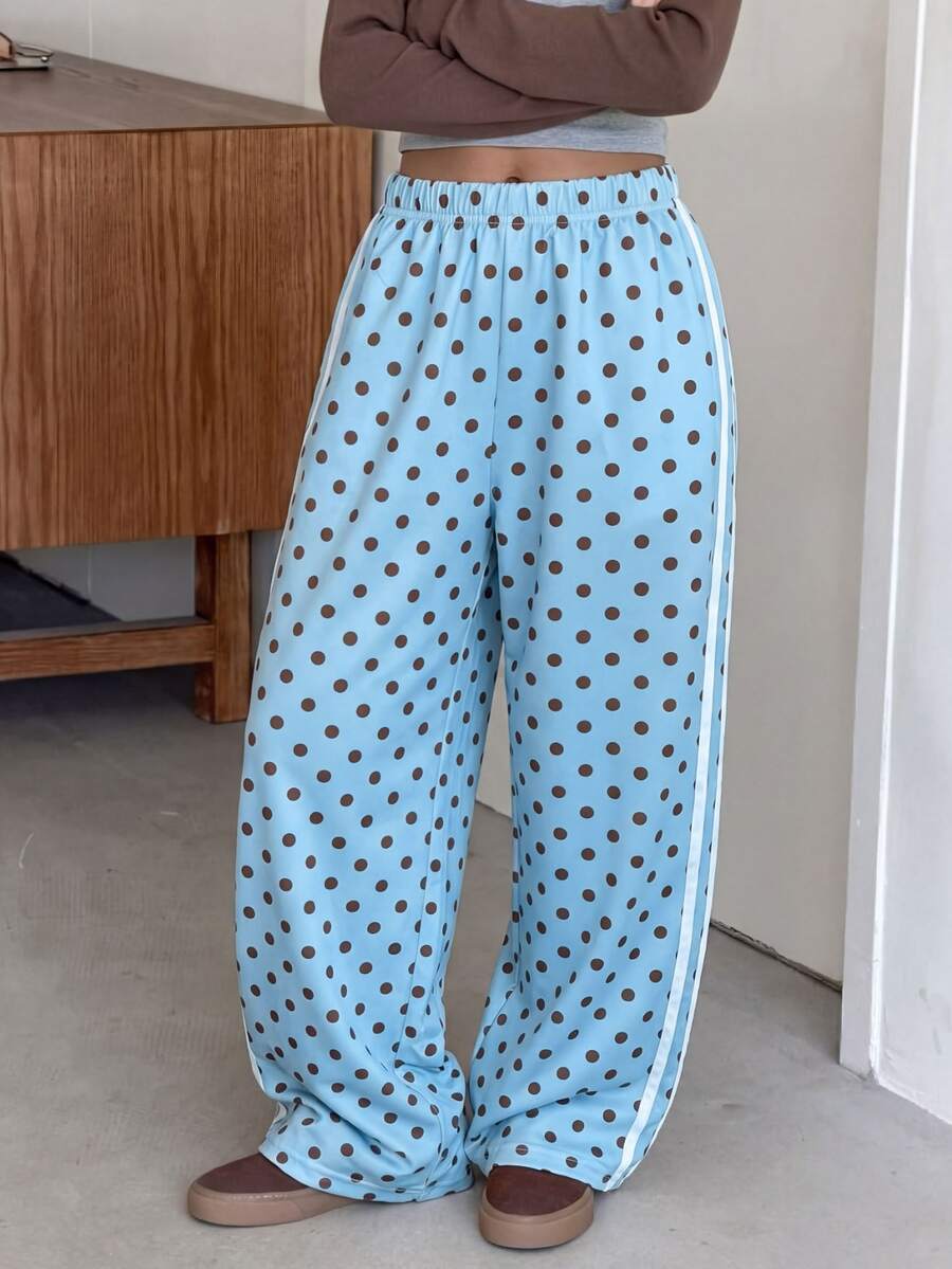 SHEIN 女童（大童）春夏秋冬休閒百搭日常運動街頭風黑白拼色寬鬆梭織長褲，可搭配運動鞋與任何T恤，適合日常穿著 - 藍色 - 查看 1