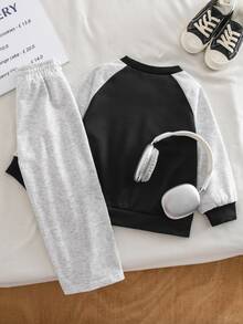 Genkimix Kids Boys Korean Style Minimalist White Colorblock Raglan Sleeve Crew Neck Sweatshirt With Matching Loose Sweatpants Set, Autumn Daily Wear Birthday - Multicolor - View 7