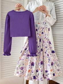 SHEIN Vestido de otoño con botones estilo estadounidense para niña preadolescente, conjunto de otoño - Multicolor - Ver 3
