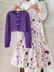 SHEIN Vestido de otoño con botones estilo estadounidense para niña preadolescente, conjunto de otoño - Multicolor - Ver 5
