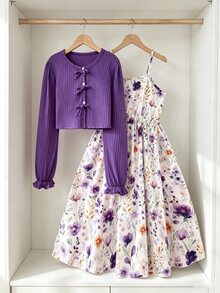 SHEIN Vestido de otoño con botones estilo estadounidense para niña preadolescente, conjunto de otoño - Multicolor - Ver 4