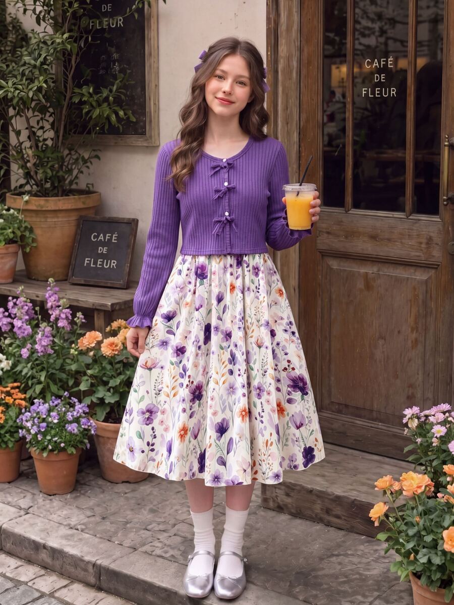 SHEIN Vestido de otoño con botones estilo estadounidense para niña preadolescente, conjunto de otoño