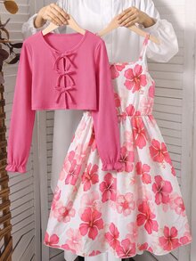 SHEIN Girls Spring/Autumn Tropical Cute Knitted Ribbed Bow Decor Cardigan Top Printed Spaghetti Strap Simple Dress Vacation Light Pink Pink Floral - Watermelon Pink - View 4