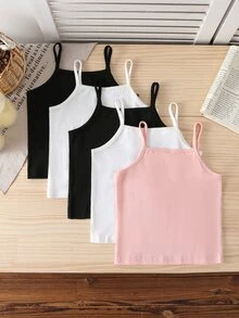 SHEIN Genkimix Kids 5件裝白色牛奶絲面料簡約蝴蝶結細肩帶背心，休閒舒適針織內搭層，適合年輕女孩，紅色冬季款 - 彩色 - 查看 2