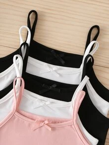 SHEIN Genkimix Kids 5件裝白色牛奶絲面料簡約蝴蝶結細肩帶背心，休閒舒適針織內搭層，適合年輕女孩，紅色冬季款 - 彩色 - 查看 4