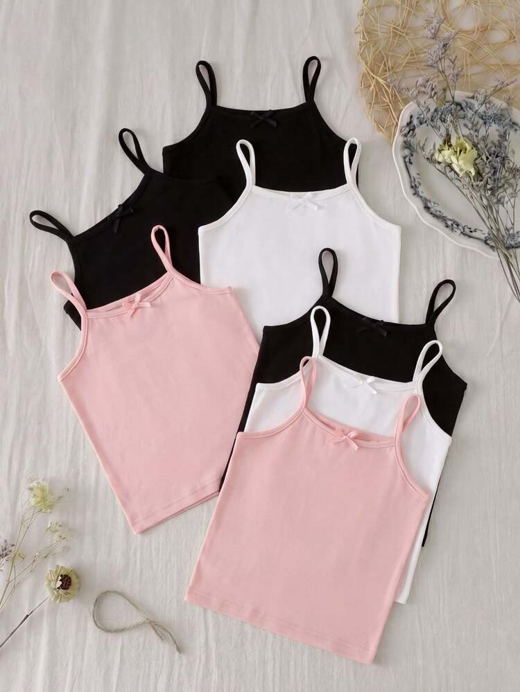 SHEIN Genkimix Kids 5pcs White Milk Silk Fabric Simple Camisole Tank Top With Bow, Casual Comfortable Knit Base Layer For Young Girls, Red Winter - Multicolor - View 1