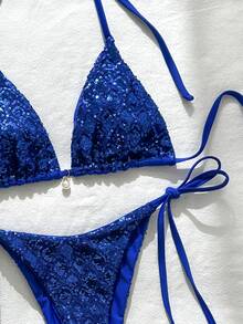 Costavie 2pcs Spring/Summer Beach Vacation Sequin Textured Fabric Faux Pearl Decor Halter Triangle Bikini Top And Side Tie Bikini Bottom Sexy Bikini Set - Royal Blue - View 4