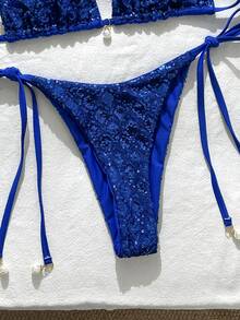 Costavie 2pcs Spring/Summer Beach Vacation Sequin Textured Fabric Faux Pearl Decor Halter Triangle Bikini Top And Side Tie Bikini Bottom Sexy Bikini Set - Royal Blue - View 3