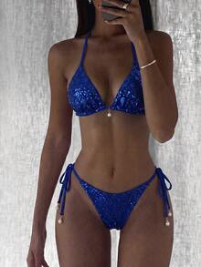 Costavie 2pcs Spring/Summer Beach Vacation Sequin Textured Fabric Faux Pearl Decor Halter Triangle Bikini Top And Side Tie Bikini Bottom Sexy Bikini Set - Royal Blue - View 2