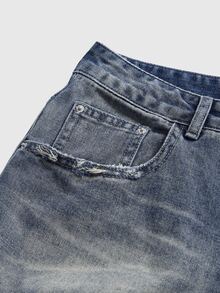 ROMWE Y2K Wasteland Street Style Retro Nostalgic Ultra Low Waist Loose Distressed Colossus Jeans - Blue - View 9