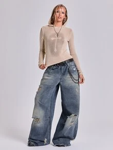 ROMWE Y2K Wasteland Street Style Retro Nostalgic Ultra Low Waist Loose Distressed Colossus Jeans - Blue - View 2
