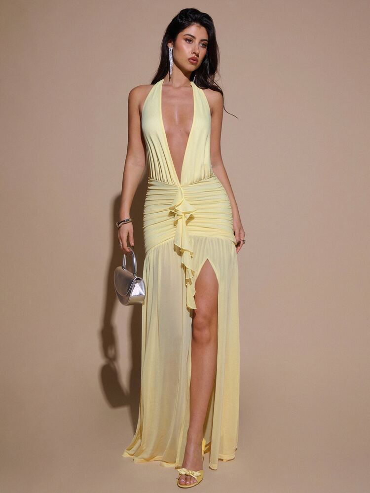 SHEIN BAE Women's Pale Yellow Summer 70s Party Night Out Dress,Deep V-Neck Halter Bodycon Ruched Mesh Maxi Dress,Elegant Sexy Minimalist Cocktail Formal Outfits - Light Yellow - View 4