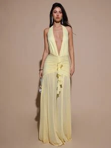 SHEIN BAE 性感简约纯黄色奶油色深 V 领露背紧身褶饰修身女式超长网眼连衣裙，适合派对、鸡尾酒会、正式场合、伴娘、生日、圣诞节、商务休闲、优雅女式超长连衣裙 - 淡黃色 - 查看 3