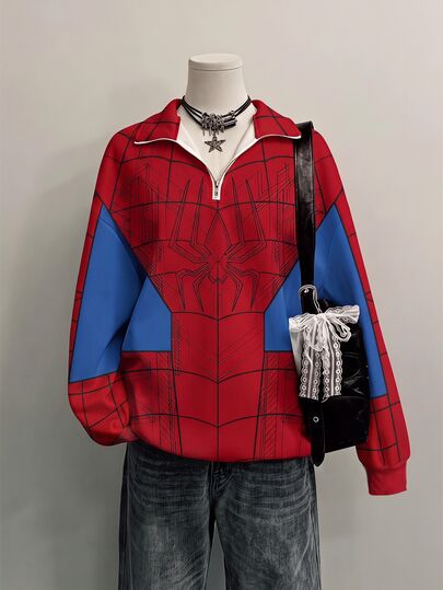 Attitoon Sweatshirt leve de mulher com gola alta, meio fecho, corte largo e solto, cinzenta, com padrão de estampado de aranha vermelha