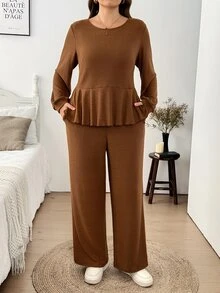 Easowa Curve 大尺碼女款 2 件套 秋冬柔軟舒適羅紋長袖圓領上衣與長褲休閒居家服 - 摩卡棕 - 查看 8
