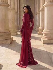 Coutiva Elegant Formal Romantic Sequin Pleated Mermaid Hem Evening Dress Christmas Wedding Burgundy Fall - Burgundy - View 6