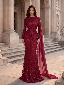 Coutiva Elegant Formal Romantic Sequin Pleated Mermaid Hem Evening Dress Christmas Wedding Burgundy Fall - Burgundy - View 1