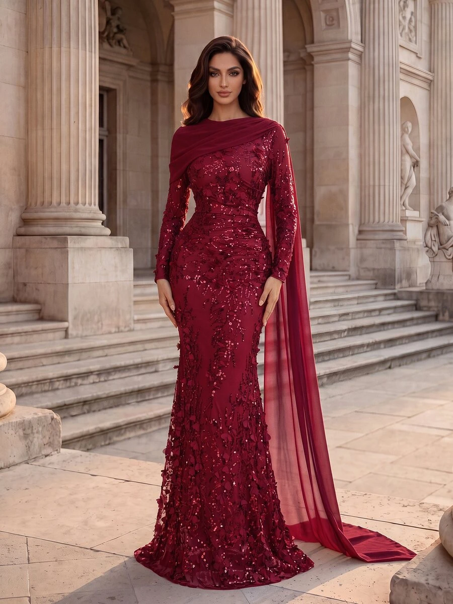 Coutiva Elegant Formal Romantic Sequin Pleated Mermaid Hem Evening Dress Christmas Wedding Burgundy Fall - Burgundy - View 1