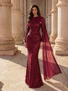 Coutiva Elegant Formal Romantic Sequin Pleated Mermaid Hem Evening Dress Christmas Wedding Burgundy Fall - Burgundy - View 4