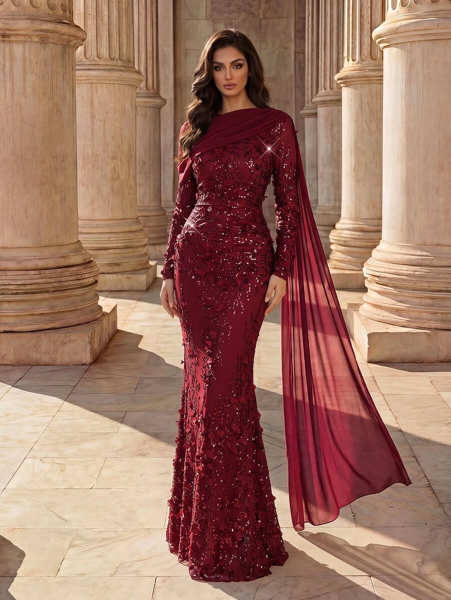 Coutiva Elegant Formal Romantic Sequin Pleated Mermaid Hem Evening Dress Christmas Wedding Burgundy Fall - Burgundy - View 1