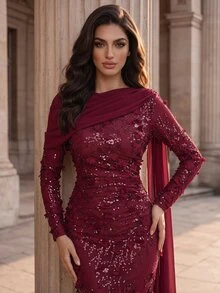 Coutiva Elegant Formal Romantic Sequin Pleated Mermaid Hem Evening Dress Christmas Wedding Burgundy Fall - Burgundy - View 3
