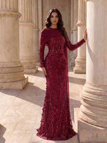 Coutiva Elegant Formal Romantic Sequin Pleated Mermaid Hem Evening Dress Christmas Wedding Burgundy Fall - Burgundy - View 2