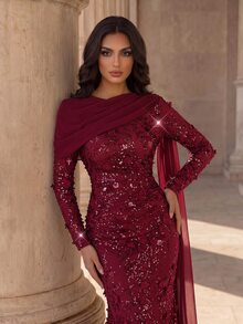 Coutiva Elegant Formal Romantic Sequin Pleated Mermaid Hem Evening Dress Christmas Wedding Burgundy Fall - Burgundy - View 5