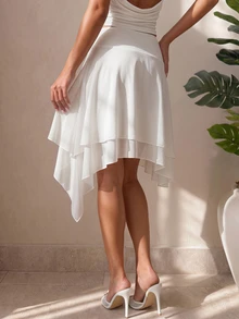Sinnesro White Mesh Midi Skirt For Spring/Fall:Elegant, Casual, And Perfect Vacation French Stylish,Suitable Commuting. ,Petite Women - White - View 3
