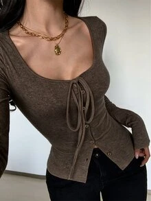 Glamine Sexy Solid Color Knitted Elastic Wide Scoop Neck Tie Long Sleeve Fitted Button Decor Daily Versatile Women's T-Shirt - Coffee Brown - View 6