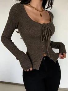 Glamine Sexy Solid Color Knitted Elastic Wide Scoop Neck Tie Long Sleeve Fitted Button Decor Daily Versatile Women's T-Shirt - Coffee Brown - View 4
