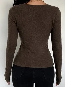 Glamine Sexy Solid Color Knitted Elastic Wide Scoop Neck Tie Long Sleeve Fitted Button Decor Daily Versatile Women's T-Shirt - Coffee Brown - View 2