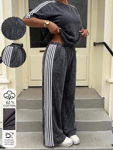 Muchica 2pcs/Set Plus Size Women Casual Traditional Grey Short Sleeve T-Shirt And Pants Set Back-To-School Vacation Gym Summer Office Formal Holiday - Dark Grey - View 3