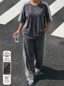 Muchica 2pcs/Set Plus Size Women Casual Traditional Grey Short Sleeve T-Shirt And Pants Set Back-To-School Vacation Gym Summer Office Formal Holiday - Dark Grey - View 1