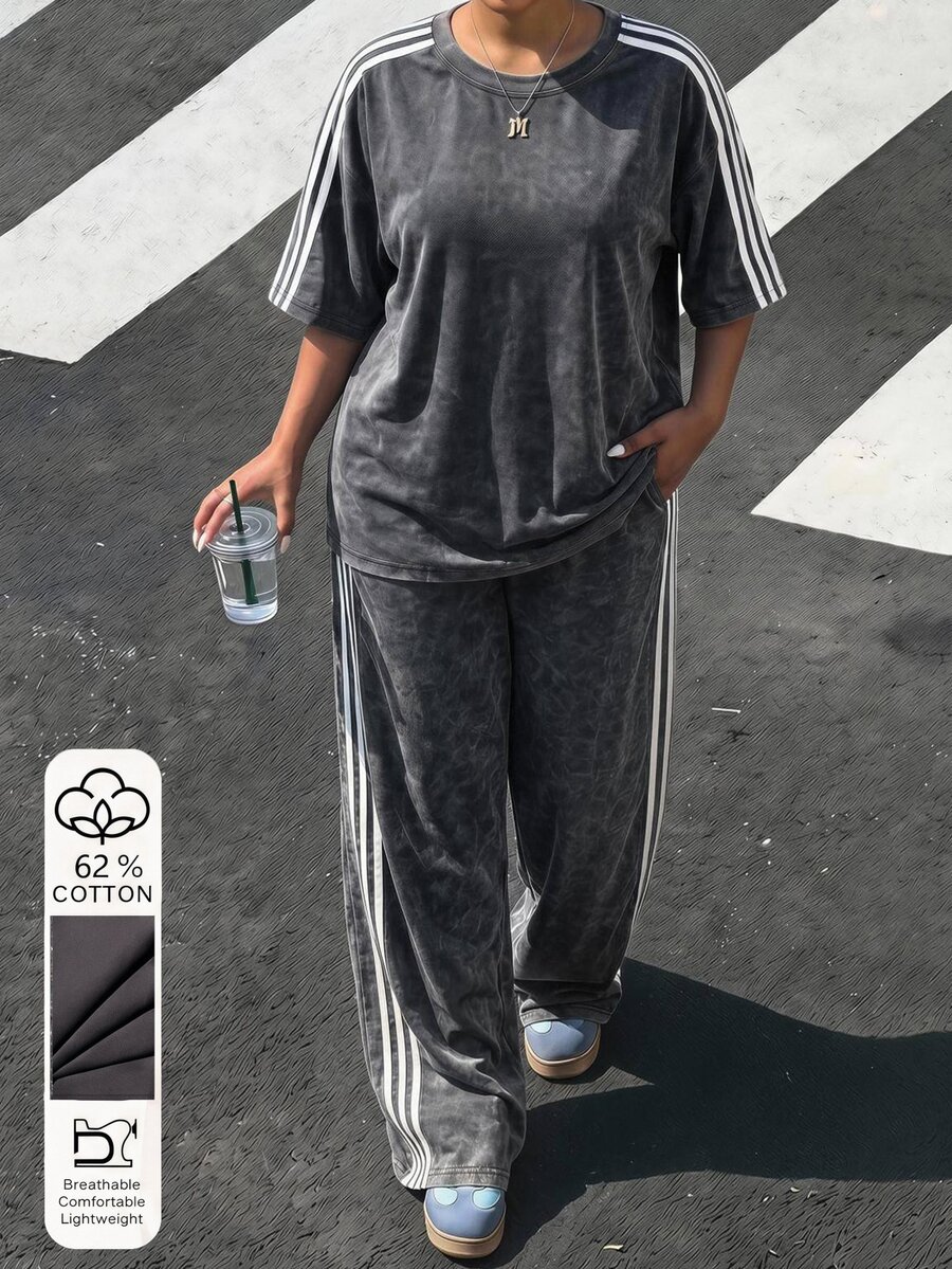 Muchica 2pcs/Set Plus Size Women Casual Traditional Grey Short Sleeve T-Shirt And Pants Set Back-To-School Vacation Gym Summer Office Formal Holiday - Dark Grey - View 1