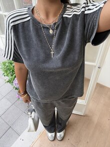 Muchica 2pcs/Set Plus Size Women Casual Traditional Grey Short Sleeve T-Shirt And Pants Set Back-To-School Vacation Gym Summer Office Formal Holiday - Dark Grey - View 2